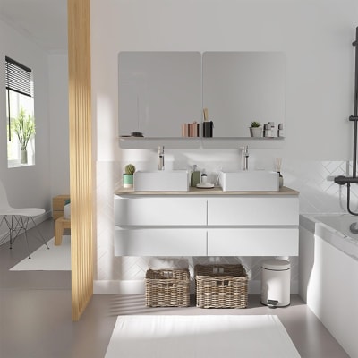 Meuble double vasque  suspendu avec plan effet bois 120 cm