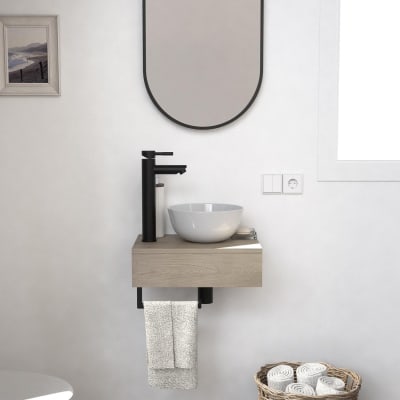 Meuble lave-mains  plan épais vasque blanche + robinet + miroir