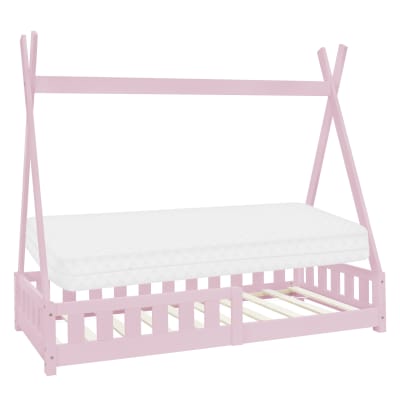 Lit tipi enfant 80x160 cm sommier matelas et barrière inclus bois rose
