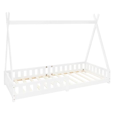 Lit tipi enfant 90x200 cm sommier et barrière inclus bois de pin blanc