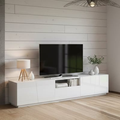 Meuble tv avec lumière led effet bois blanc brillant 220x43 cm