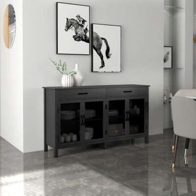 Buffet design industriel - 4 portes, 2 étagères, 2 tiroirs - noir