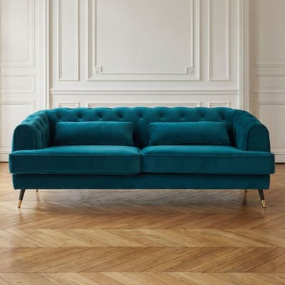 Canapé capitonné 3 places style boudoir velours bleu canard