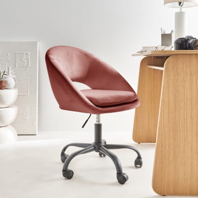 Chaise de bureau ronde à roulettes en velours vieux rose