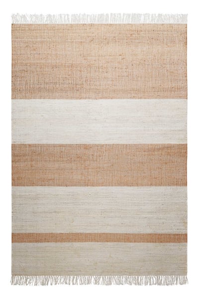 Tapis plat tissé main à franges rayé beige et brun 130x190