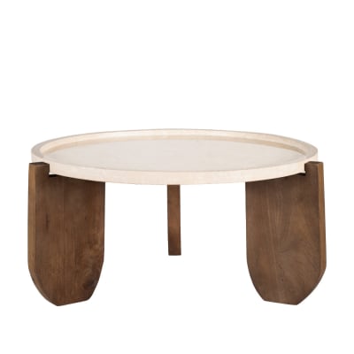Table basse en marbre et bois massif ø80cm - blanc ivoire