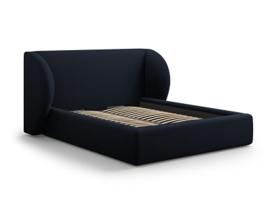 Lit coffre avec tête de lit 160x200cm en tissu velours bleu foncé