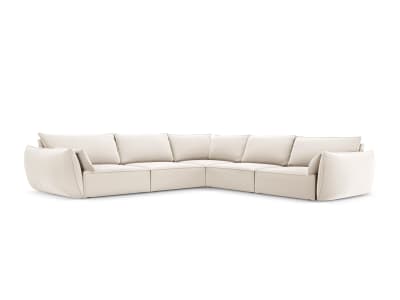 Canapé d'angle symétrique 7 places en tissu velours beige clair