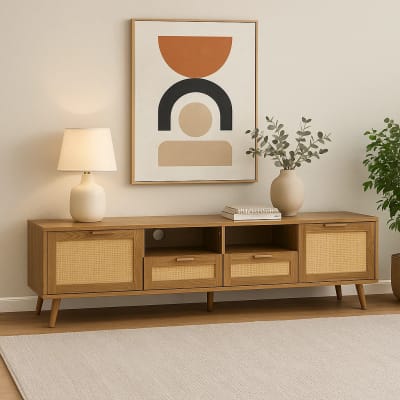 Buffet bas en bois et cannage Design naturel rétro