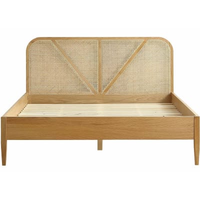 Lit 140x190 placage chêne - tête de lit bois massif / cannage naturel