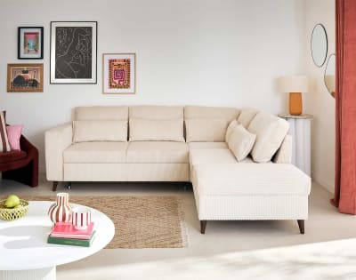 Canapé d'angle réversible convertible 5 places en velours côtelé beige