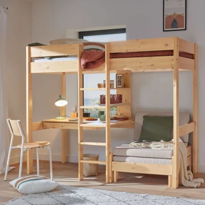 Lit mezzanine en bois avec son fauteuil 90 x 190 cm naturel
