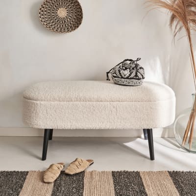 Banc coffre, bout de lit bouclette, écru