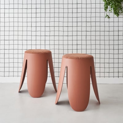 Set de 2 tabourets empilables terracotta, bouclette texturée
