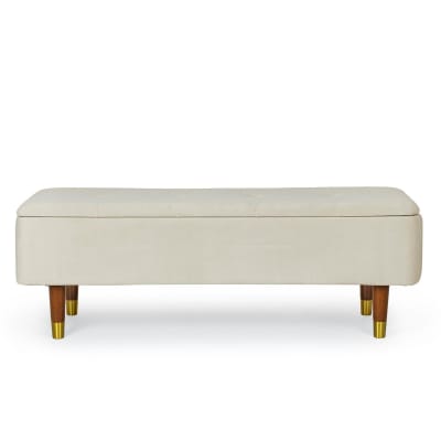 Banc coffre 2 places en velours et piétement en bois beige