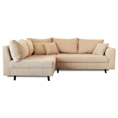 Canapé d'angle gauche 4 places + pouf places en velours côtelé beige