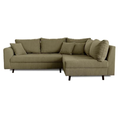Canapé d'angle droit 4 places + pouf places en velours côtelé vert