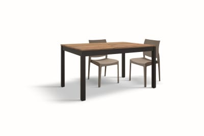 Table en bois, finition chêne, métal anthracite, à rallonge 140 x 80