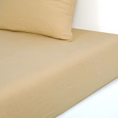 Drap housse en  lin lavé beige 160 x 200 cm