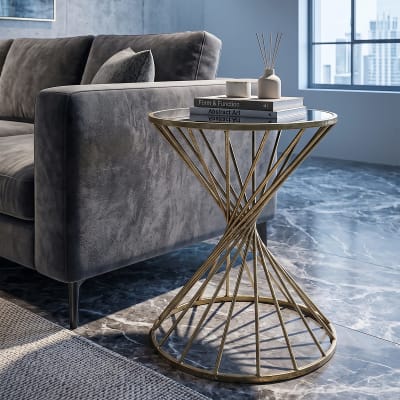 Table basse en métal doré avec plan miroir ø 42x50  cm