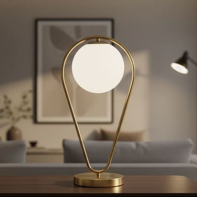 Lampe de table en métal doré avec sphère blanche, 25x18x50 cm