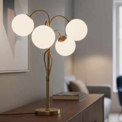 Lampe de table en métal doré avec 4 sphères en verre ø cm 53x74