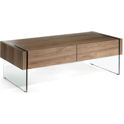 Table basse rectangulaire en bois et verre trempé avec 2 tiroirs