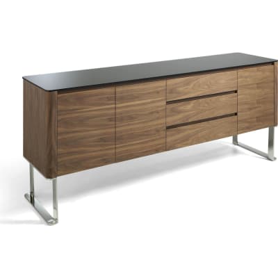 Buffet en bois avec dessus en verre trempé et 3 tiroirs