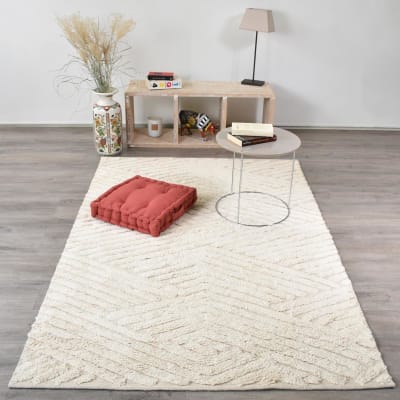 Tapis salon berbère en relief tufté main en coton, beige 160x230