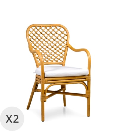 Set 2 fauteuils en rotin beige avec coussin
