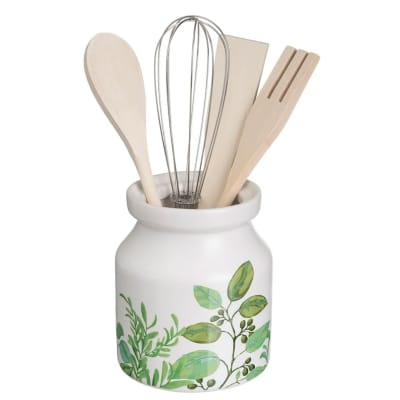 Pot ustensiles de cuisine en céramique blanche motif feuillage