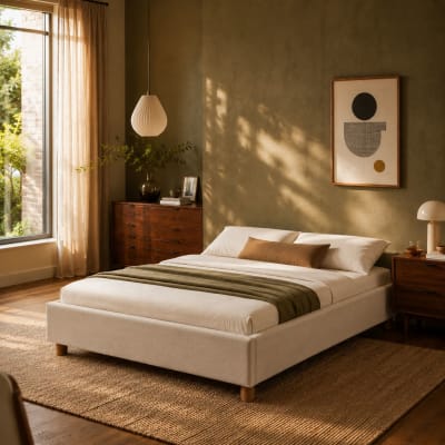 Lit coffre 160x200 tissu beige lin sommier inclus