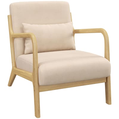 Fauteuil lounge 3 coussins bois hévéa aspect velours beige