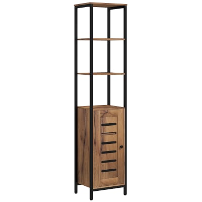 Meuble colonne salle de bain style cosy étagères porte acier noir bois