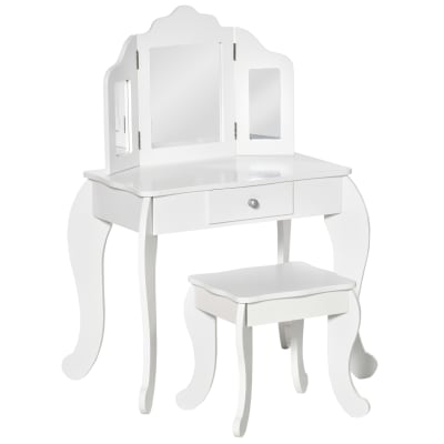 Coiffeuse enfant tabouret miroir triptyque et tiroir coulissant blanc