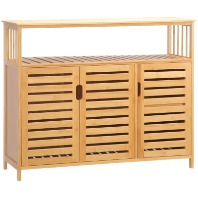 Buffet rangement bois bambou lattes style naturel 3 portes 4 étagères