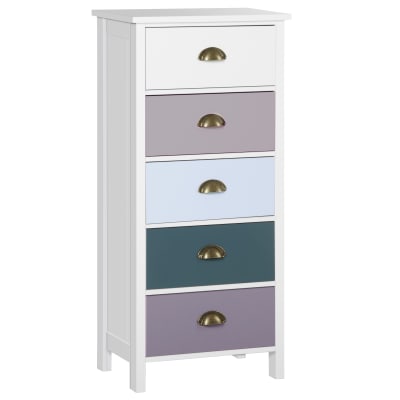 Chiffonnier néo-rétro 5 tiroirs poignées coquilles blanc bleu gris