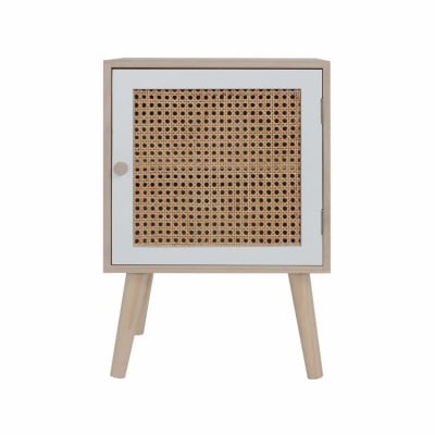 Table de chevet avec 1 porte en bois marron et rotin
