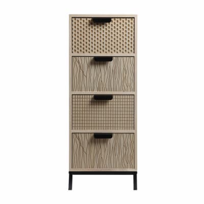 Chiffonnier étroit sculpté à 4 tiroirs en bois marron clair