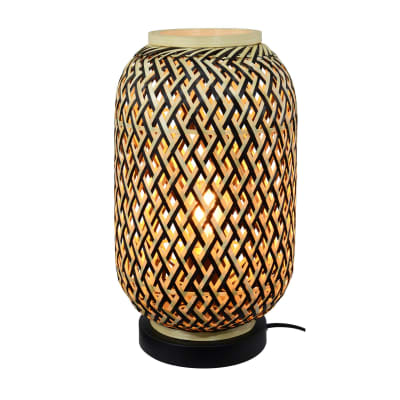 Lampe base métal noir & abat-jour tressé en bambou noir et naturel