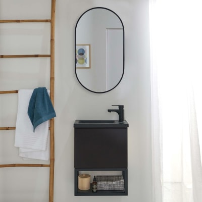 Ensemble lave-mains  métal et bois avec robinet noir et miroir ovale