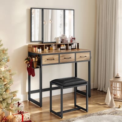 Table de maquillage avec miroir pliant marron camel et beige