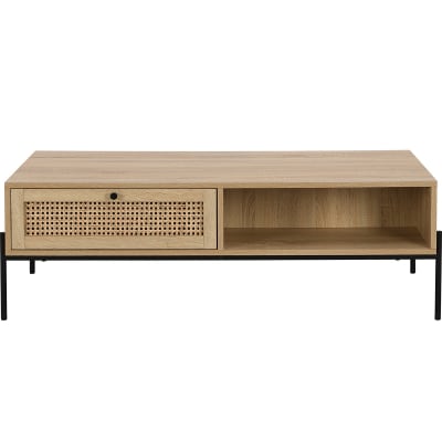 Table basse 1 tiroir en cannage naturel et effet chêne 115 cm