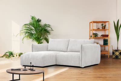 Canapé d'angle gauche 3 places tissu blanc perle