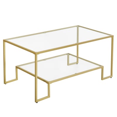 Table basse de salon 2 niveaux en verre trempé 100 x 55 x 45 cm doré