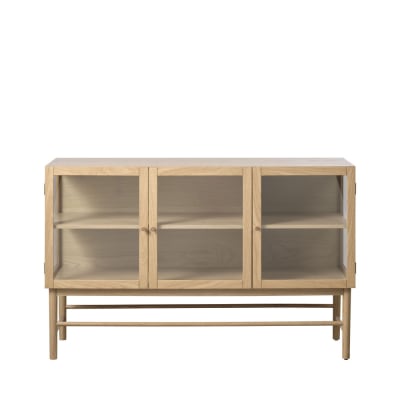 Buffet 3 portes en verre trempé et bois l132cm - bois clair