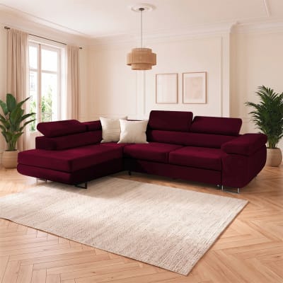Canapé d'angle convertible gauche tissu velours rouge