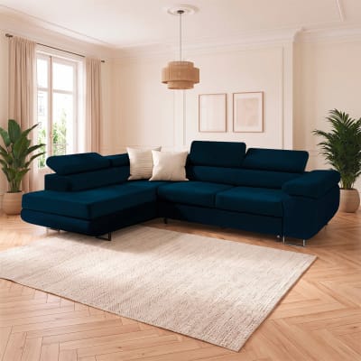 Canapé d'angle convertible gauche tissu velours bleu
