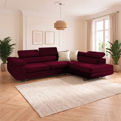 Canapé d'angle convertible droit tissu velours rouge