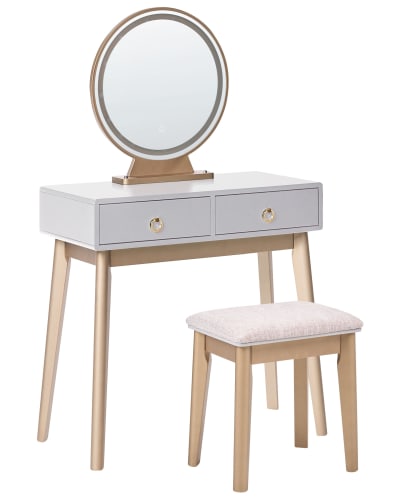 Coiffeuse avec miroir et tabouret led gris